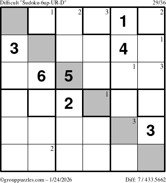 The grouppuzzles.com Difficult Sudoku-6up-UR-D puzzle for Saturday January 24, 2026 with the first 3 steps marked