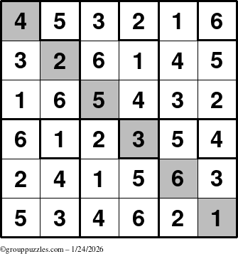The grouppuzzles.com Answer grid for the Sudoku-6up-UR-D puzzle for Saturday January 24, 2026