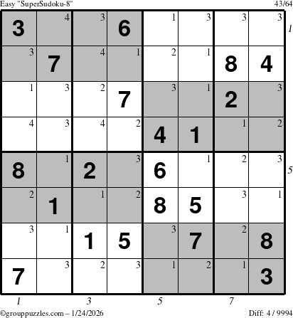The grouppuzzles.com Easy SuperSudoku-8 puzzle for Saturday January 24, 2026, suitable for printing, with all 4 steps marked