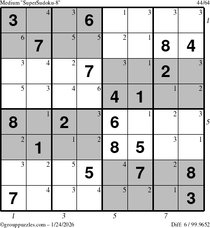 The grouppuzzles.com Medium SuperSudoku-8 puzzle for Saturday January 24, 2026, suitable for printing, with all 6 steps marked