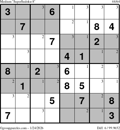 The grouppuzzles.com Medium SuperSudoku-8 puzzle for Saturday January 24, 2026 with the first 3 steps marked
