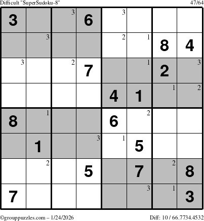 The grouppuzzles.com Difficult SuperSudoku-8 puzzle for Saturday January 24, 2026 with the first 3 steps marked