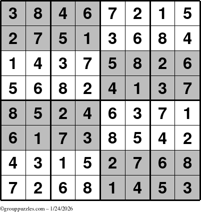 The grouppuzzles.com Answer grid for the SuperSudoku-8 puzzle for Saturday January 24, 2026