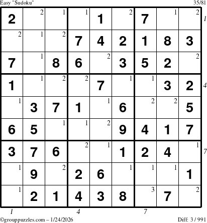 The grouppuzzles.com Easy Sudoku puzzle for Saturday January 24, 2026, suitable for printing, with all 3 steps marked
