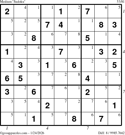 The grouppuzzles.com Medium Sudoku puzzle for Saturday January 24, 2026 with all 8 steps marked