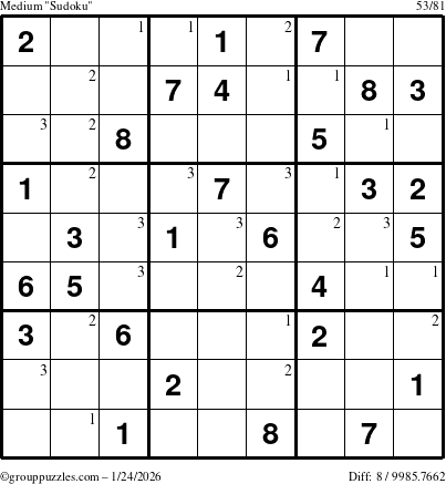 The grouppuzzles.com Medium Sudoku puzzle for Saturday January 24, 2026 with the first 3 steps marked