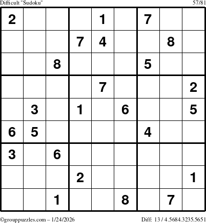 The grouppuzzles.com Difficult Sudoku puzzle for Saturday January 24, 2026