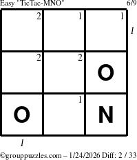 The grouppuzzles.com Easy TicTac-MNO puzzle for Saturday January 24, 2026 with all 2 steps marked