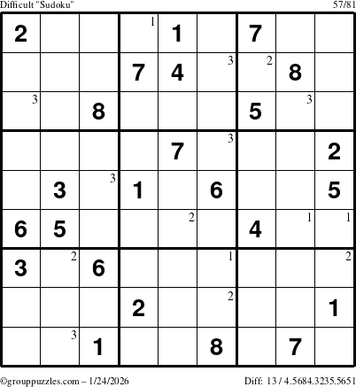 The grouppuzzles.com Difficult Sudoku puzzle for Saturday January 24, 2026 with the first 3 steps marked