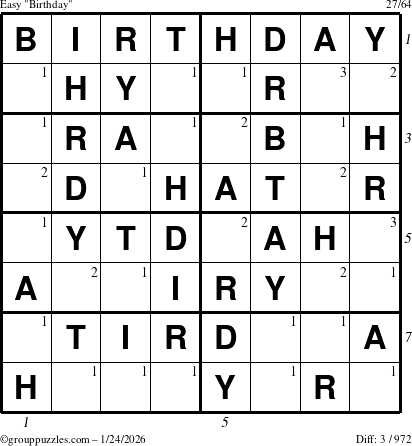 The grouppuzzles.com Easy Birthday puzzle for Saturday January 24, 2026 with all 3 steps marked