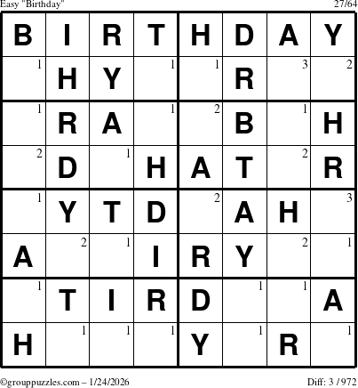 The grouppuzzles.com Easy Birthday puzzle for Saturday January 24, 2026 with the first 3 steps marked