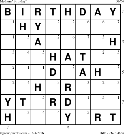The grouppuzzles.com Medium Birthday puzzle for Saturday January 24, 2026 with all 7 steps marked