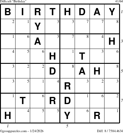 The grouppuzzles.com Difficult Birthday puzzle for Saturday January 24, 2026, suitable for printing, with all 8 steps marked