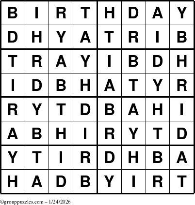 The grouppuzzles.com Answer grid for the Birthday puzzle for Saturday January 24, 2026