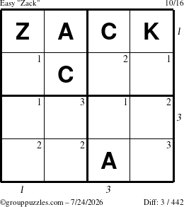 The grouppuzzles.com Easy Zack puzzle for Friday July 24, 2026 with all 3 steps marked
