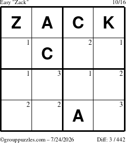 The grouppuzzles.com Easy Zack puzzle for Friday July 24, 2026 with the first 3 steps marked