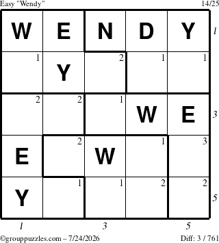 The grouppuzzles.com Easy Wendy puzzle for Friday July 24, 2026 with all 3 steps marked