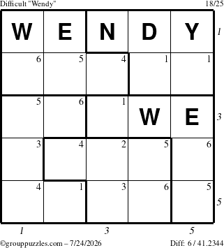 The grouppuzzles.com Difficult Wendy puzzle for Friday July 24, 2026 with all 6 steps marked