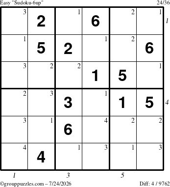 The grouppuzzles.com Easy Sudoku-6up puzzle for Friday July 24, 2026 with all 4 steps marked