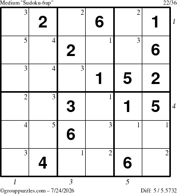 The grouppuzzles.com Medium Sudoku-6up puzzle for Friday July 24, 2026, suitable for printing, with all 5 steps marked