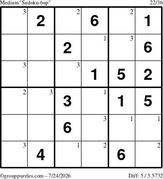 The grouppuzzles.com Medium Sudoku-6up puzzle for Friday July 24, 2026 with the first 3 steps marked