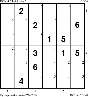 The grouppuzzles.com Difficult Sudoku-6up puzzle for Friday July 24, 2026, suitable for printing, with all 5 steps marked