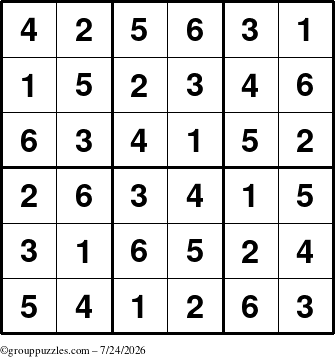 The grouppuzzles.com Answer grid for the Sudoku-6up puzzle for Friday July 24, 2026