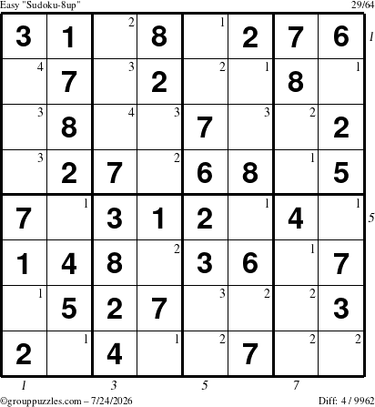 The grouppuzzles.com Easy Sudoku-8up puzzle for Friday July 24, 2026 with all 4 steps marked