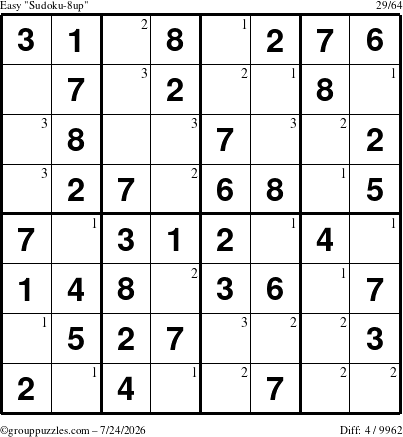 The grouppuzzles.com Easy Sudoku-8up puzzle for Friday July 24, 2026 with the first 3 steps marked