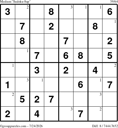 The grouppuzzles.com Medium Sudoku-8up puzzle for Friday July 24, 2026 with the first 3 steps marked