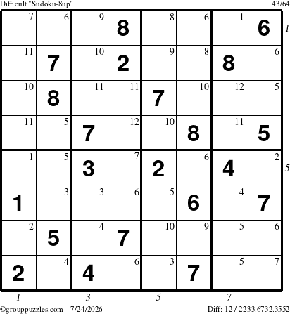 The grouppuzzles.com Difficult Sudoku-8up puzzle for Friday July 24, 2026 with all 12 steps marked