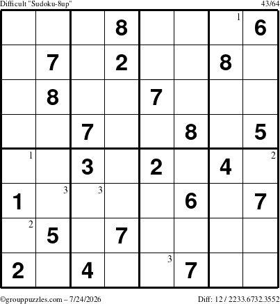 The grouppuzzles.com Difficult Sudoku-8up puzzle for Friday July 24, 2026 with the first 3 steps marked
