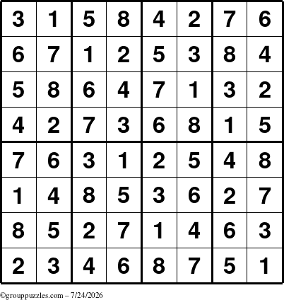 The grouppuzzles.com Answer grid for the Sudoku-8up puzzle for Friday July 24, 2026