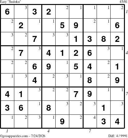 The grouppuzzles.com Easy Sudoku puzzle for Friday July 24, 2026, suitable for printing, with all 4 steps marked