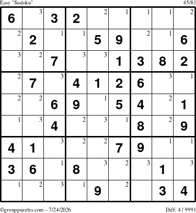 The grouppuzzles.com Easy Sudoku puzzle for Friday July 24, 2026 with the first 3 steps marked