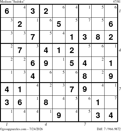 The grouppuzzles.com Medium Sudoku puzzle for Friday July 24, 2026 with all 7 steps marked