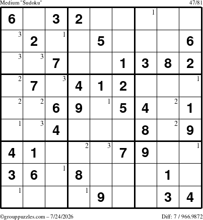 The grouppuzzles.com Medium Sudoku puzzle for Friday July 24, 2026 with the first 3 steps marked