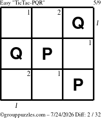 The grouppuzzles.com Easy TicTac-PQR puzzle for Friday July 24, 2026 with all 2 steps marked