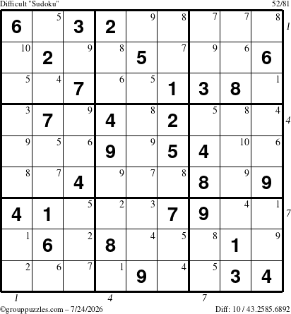 The grouppuzzles.com Difficult Sudoku puzzle for Friday July 24, 2026, suitable for printing, with all 10 steps marked