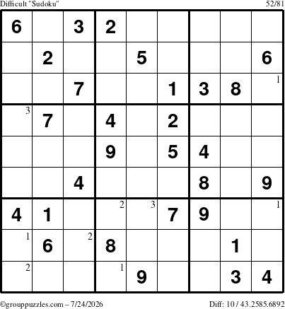 The grouppuzzles.com Difficult Sudoku puzzle for Friday July 24, 2026 with the first 3 steps marked