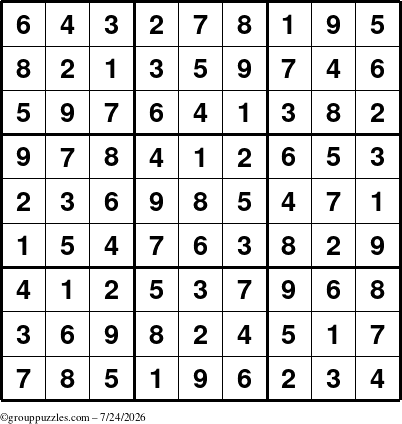 The grouppuzzles.com Answer grid for the Sudoku puzzle for Friday July 24, 2026