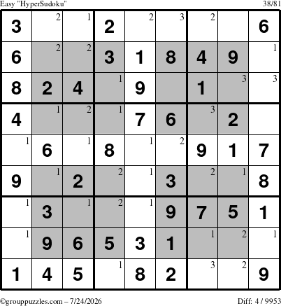 The grouppuzzles.com Easy HyperSudoku puzzle for Friday July 24, 2026 with the first 3 steps marked