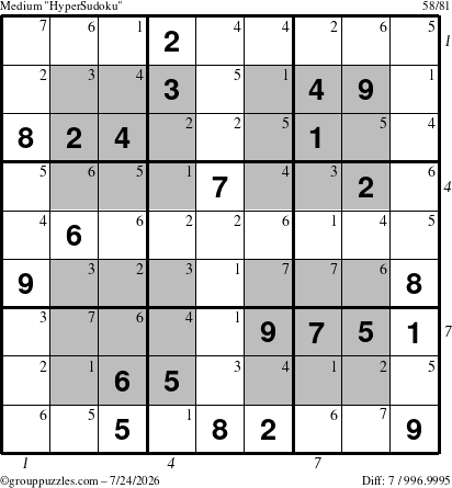 The grouppuzzles.com Medium HyperSudoku puzzle for Friday July 24, 2026 with all 7 steps marked