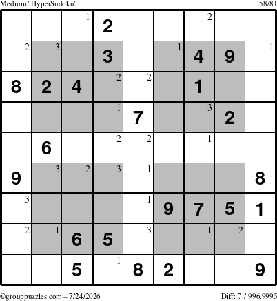 The grouppuzzles.com Medium HyperSudoku puzzle for Friday July 24, 2026 with the first 3 steps marked