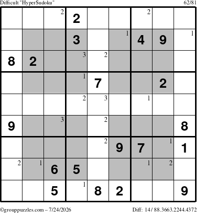 The grouppuzzles.com Difficult HyperSudoku puzzle for Friday July 24, 2026 with the first 3 steps marked