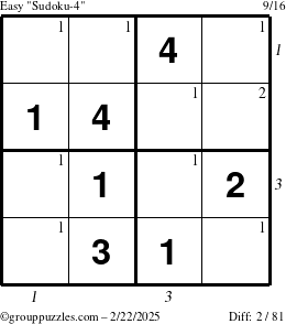 The grouppuzzles.com Easy Sudoku-4 puzzle for Saturday February 22, 2025 with all 2 steps marked