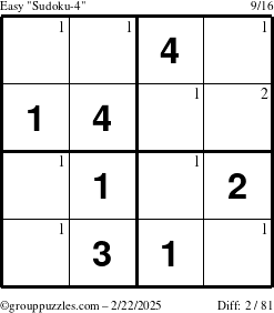 The grouppuzzles.com Easy Sudoku-4 puzzle for Saturday February 22, 2025 with the first 2 steps marked