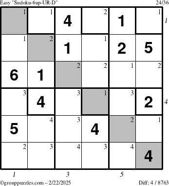 The grouppuzzles.com Easy Sudoku-6up-UR-D puzzle for Saturday February 22, 2025 with all 4 steps marked