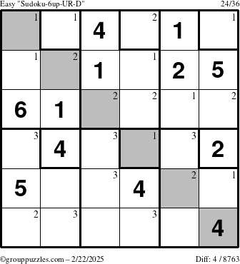 The grouppuzzles.com Easy Sudoku-6up-UR-D puzzle for Saturday February 22, 2025 with the first 3 steps marked