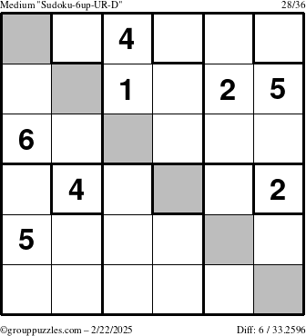 The grouppuzzles.com Medium Sudoku-6up-UR-D puzzle for Saturday February 22, 2025